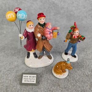 Department 56 Snow Village Happy New Year Set of 4 Family Dog Celebrate Vtg READ